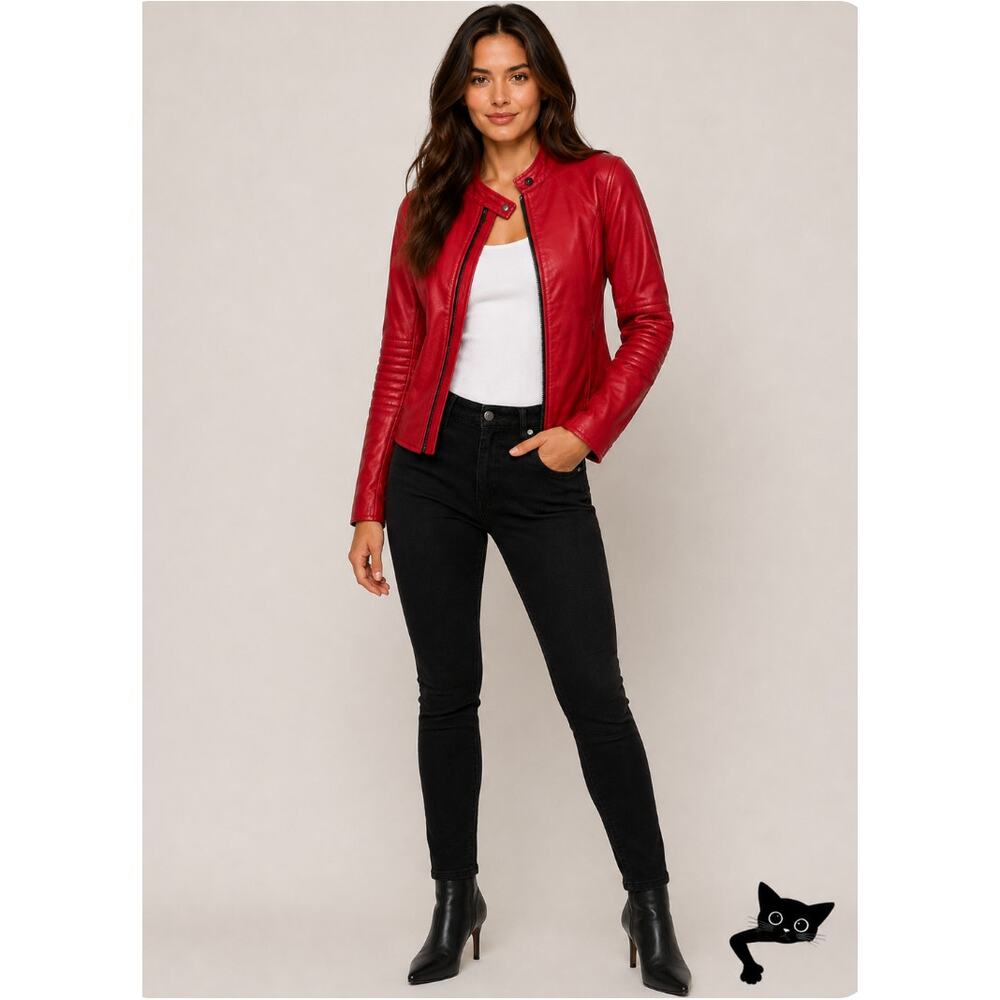 William B Cherry Red 100% Leather Moto Jacket Front Zip Silk Lining S - Picture 7 of 14